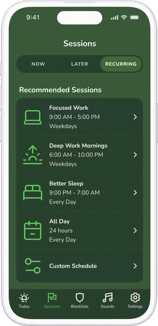 A phone screen showing the Freedom app and the blocklists in it