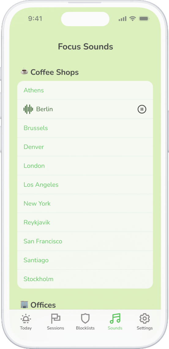 A phone screen showing the Freedom app where music and ambient sound is being set up