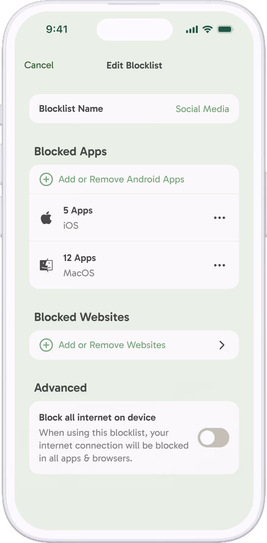 A phone screen showing the Freedom app blocking apps and websites