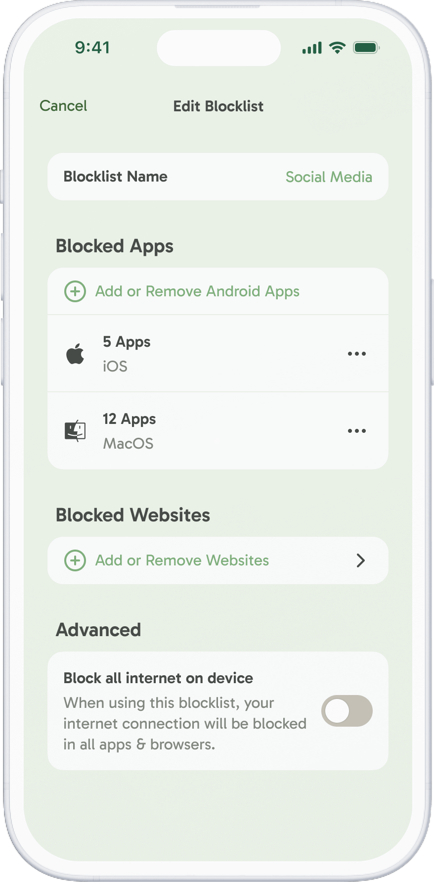 A phone screen showing the Freedom app blocking apps and websites