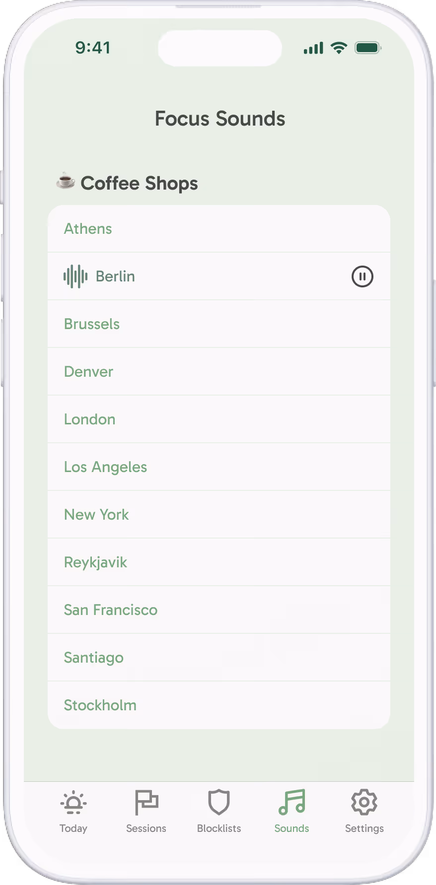 A phone screen showing the Freedom app where music and ambient sound is being set up