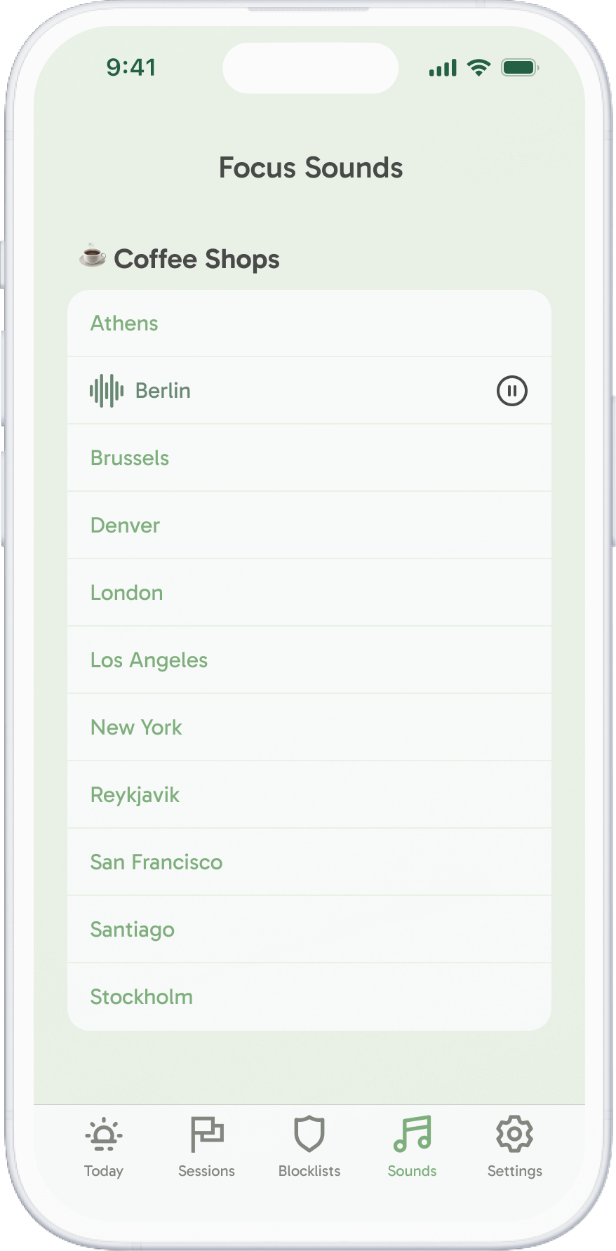 A phone screen showing the Freedom app where music and ambient sound is being set up