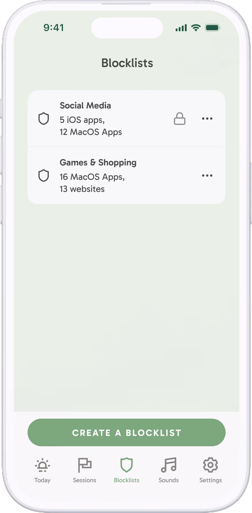 A phone screen showing the Freedom app and the blocklists in it