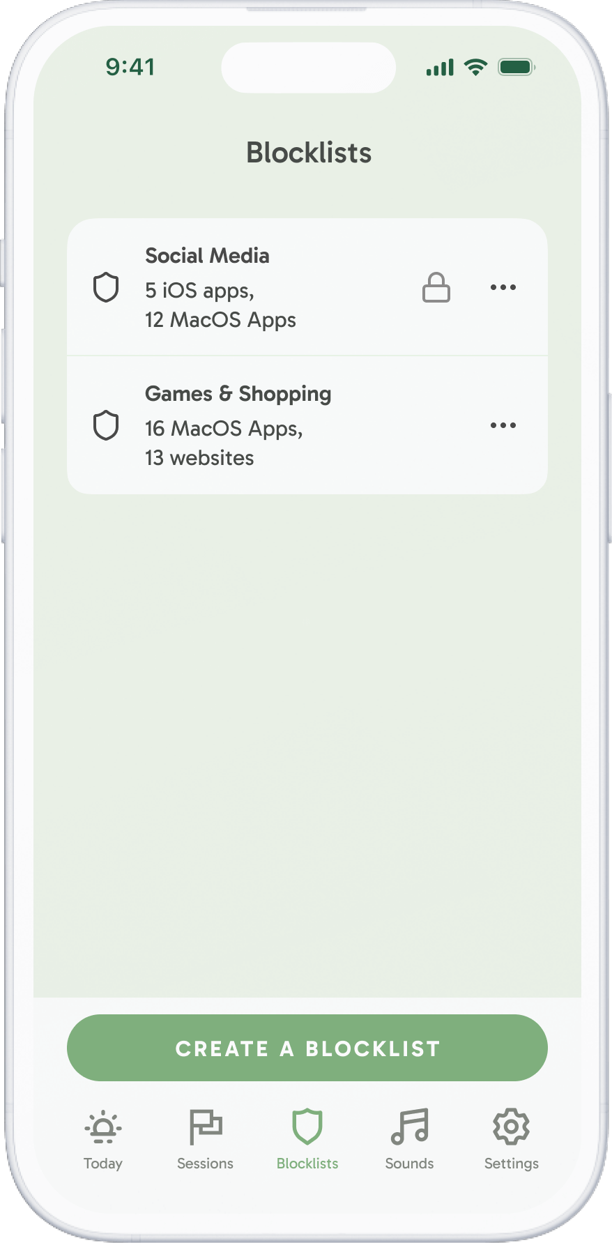 A phone screen showing the Freedom app and the blocklists in it