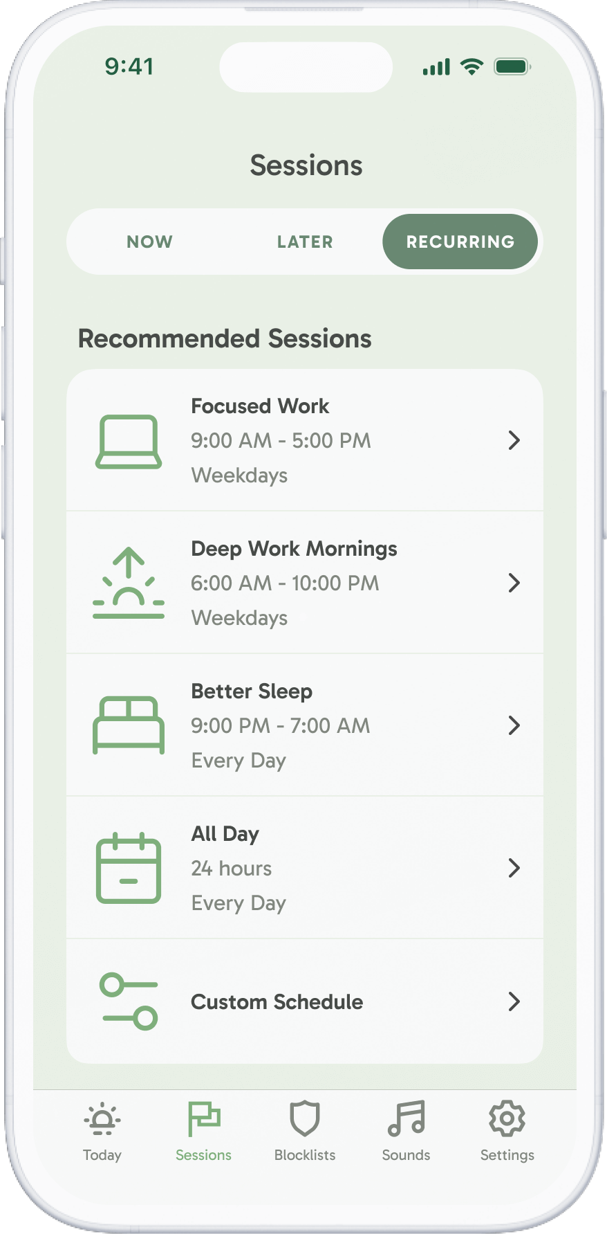 A phone screen showing the Freedom app scheduling the blocking sessions with several dates and timings