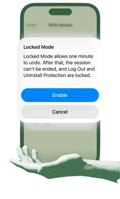Freedom's Locked Mode dialog on iPhone: Locked Mode allows one minute to undo. After that, the session can't be ended, and Log Out and Uninstall Protection are locked.