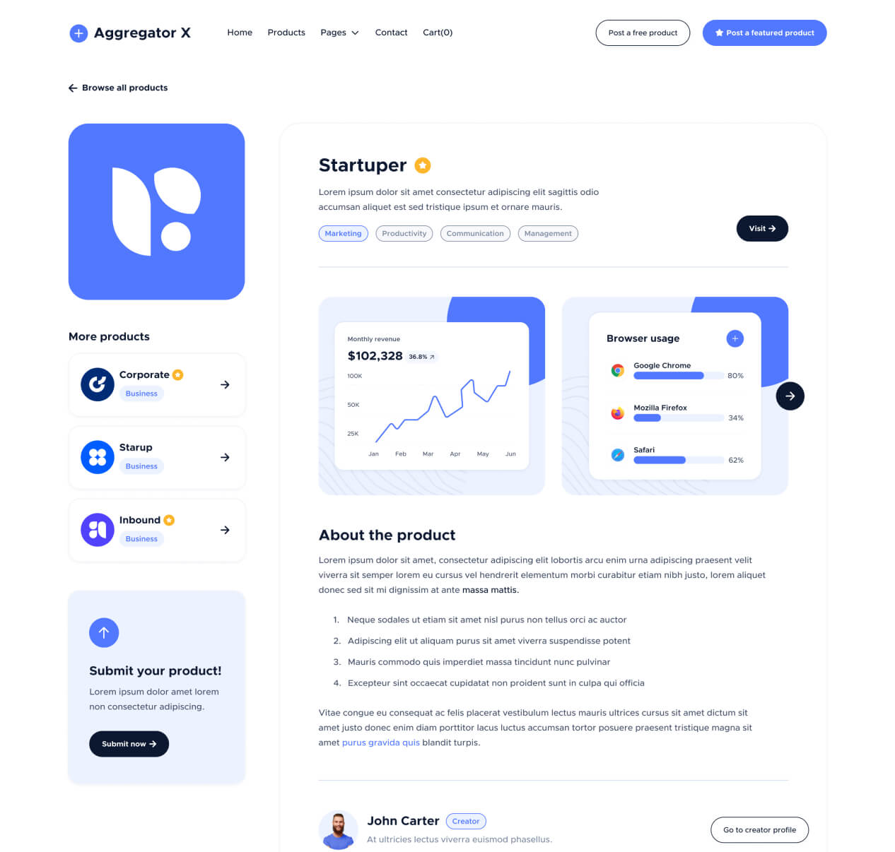 Aggregator X - Product Single Page - Upvoting Webflow Template