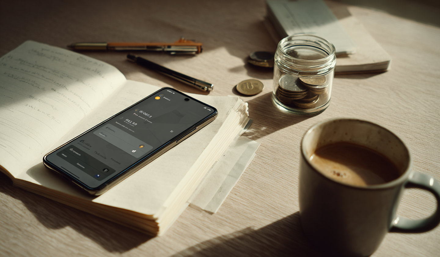 Smartphone with an automation toggle next to a coin jar and a checklist notebook, evoking easy investing habits.