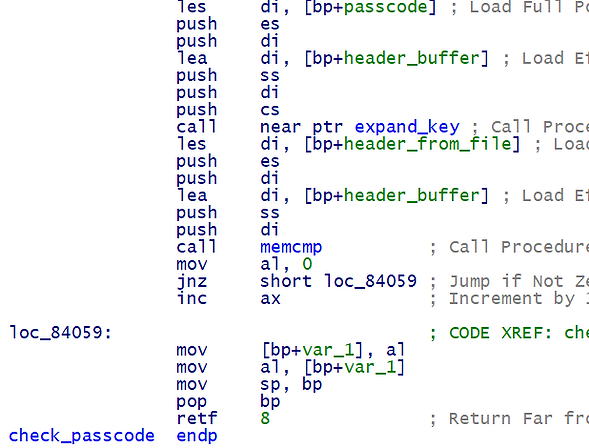 Part of the passcode check flow - this function returns 1 if the passcode was valid. Screenshot from IDA pro.