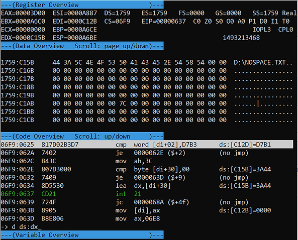 The DOSBOX debugger at a interrupt call to open. The requested path is seen in the data overview.