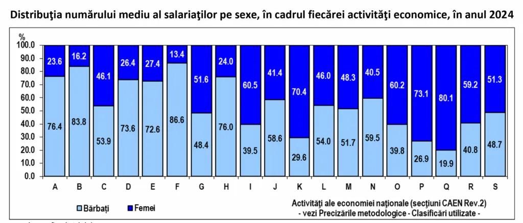 Construcțiile rămân o lume masculină (86,6%), în timp ce sănătatea este dominată de femei (80,1%)