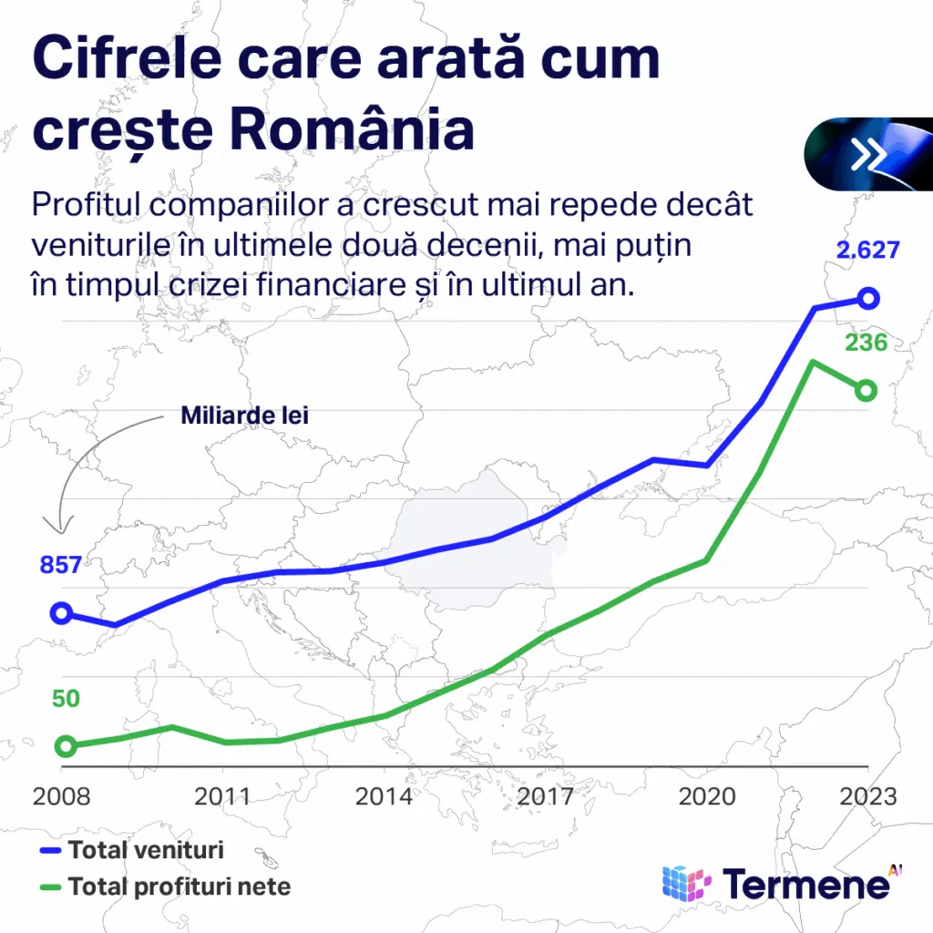 Infografic realizat de Termene care probează faptul că aderarea la UE a dus la o dezvoltare a veniturilor și a profiturilor și a mediului antreprenorial din România