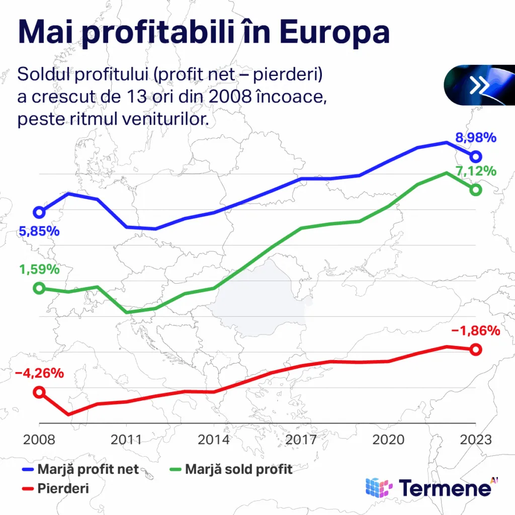 Infografic realizat de Termene care demonstrează că firmele din România au devenit mai profitabile în Uniunea Europeană