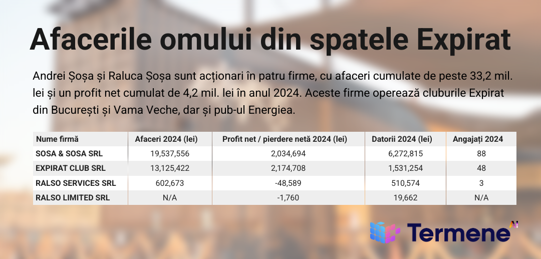 Tabel cu lista afacerilor deținute de proprietarul clubului Expirat, cu detalii despre cifre de afaceri, profit și domeniile de activitate.