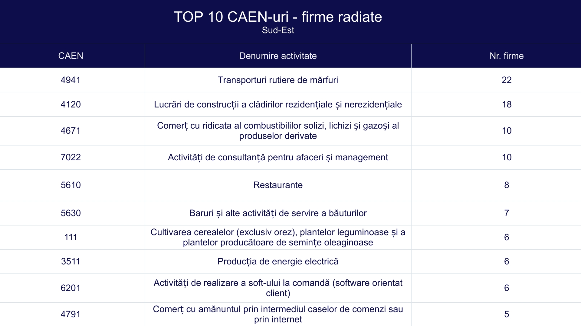 TOP 10 CAEN-uri - firme radiate - Sud Est