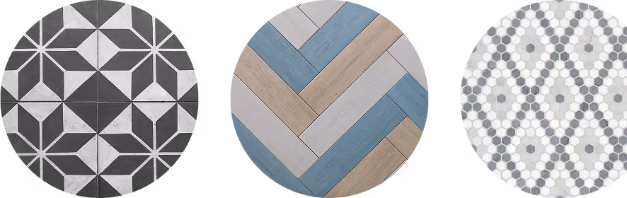 Collage of geometric tile patterns, including black and white star shapes, blue chevron designs, and hexagonal floral mosaics.