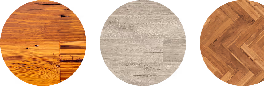 Collage of three types of hardwood flooring: rustic orange-toned wood, light gray wood planks, and herringbone pattern wood. Ideal for interior design inspiration and flooring options.
