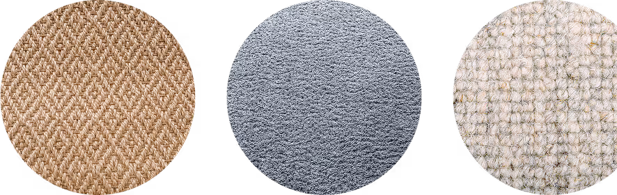 Close-up view of three different carpet textures in a collage, showcasing beige diamond pattern, gray plush, and cream looped weave for carpet installation inspiration.