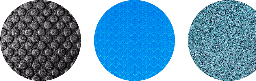 Collage of three rubber flooring textures: black bubble pattern, blue diamond pattern, and speckled blue surface, ideal for gyms and industrial spaces.