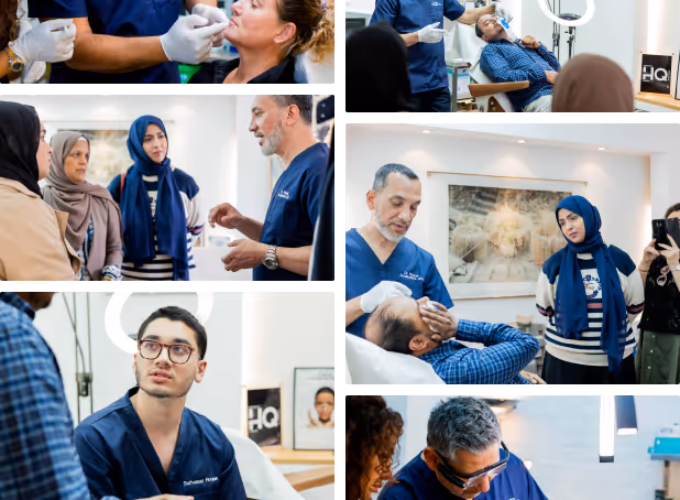 Collage of medical professionals in blue scrubs consulting with patients and discussing treatment in a clinical setting.