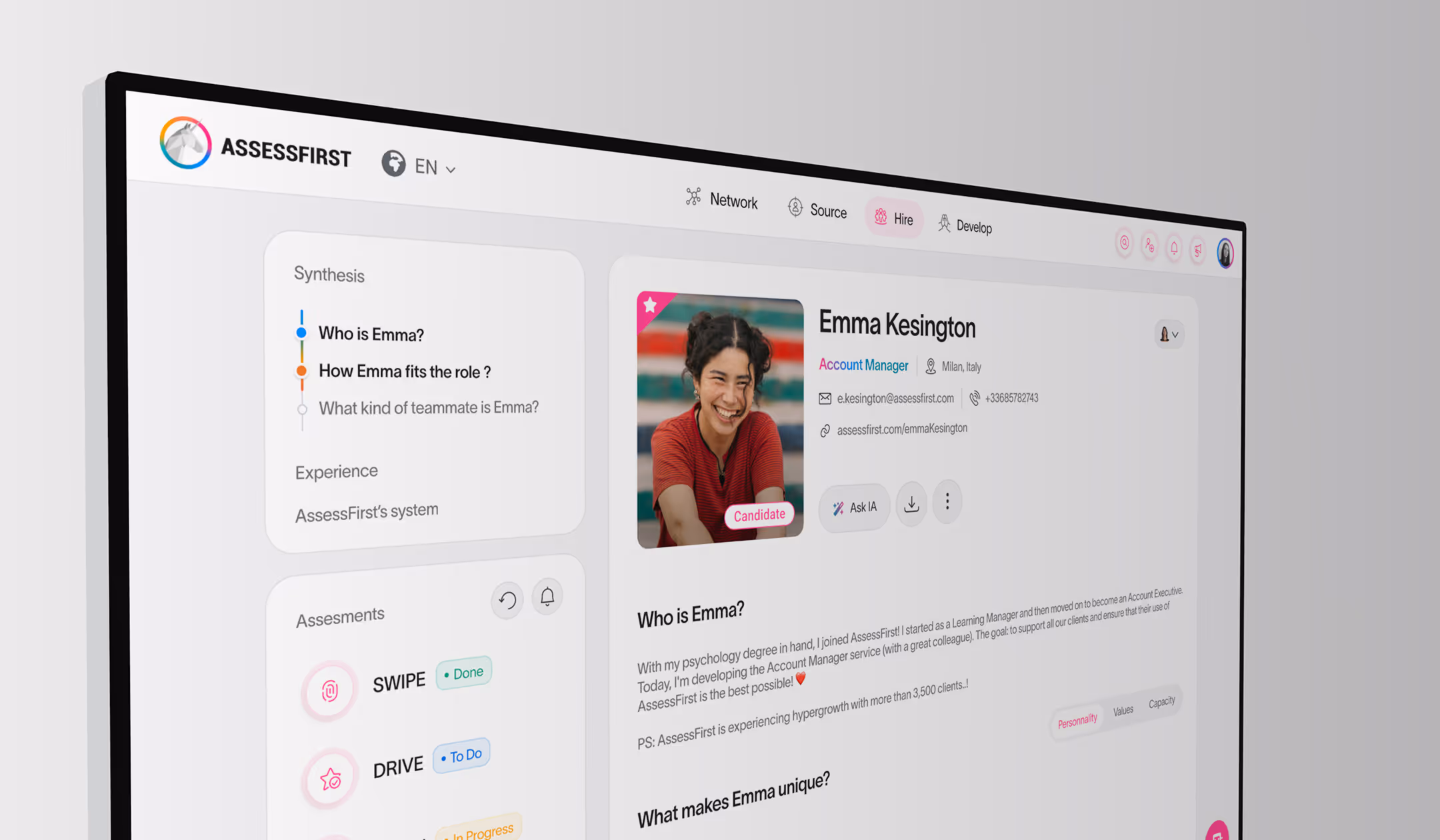 Close-up of a talent-assessment platform displaying a candidate profile, skills overview, and assessment modules.