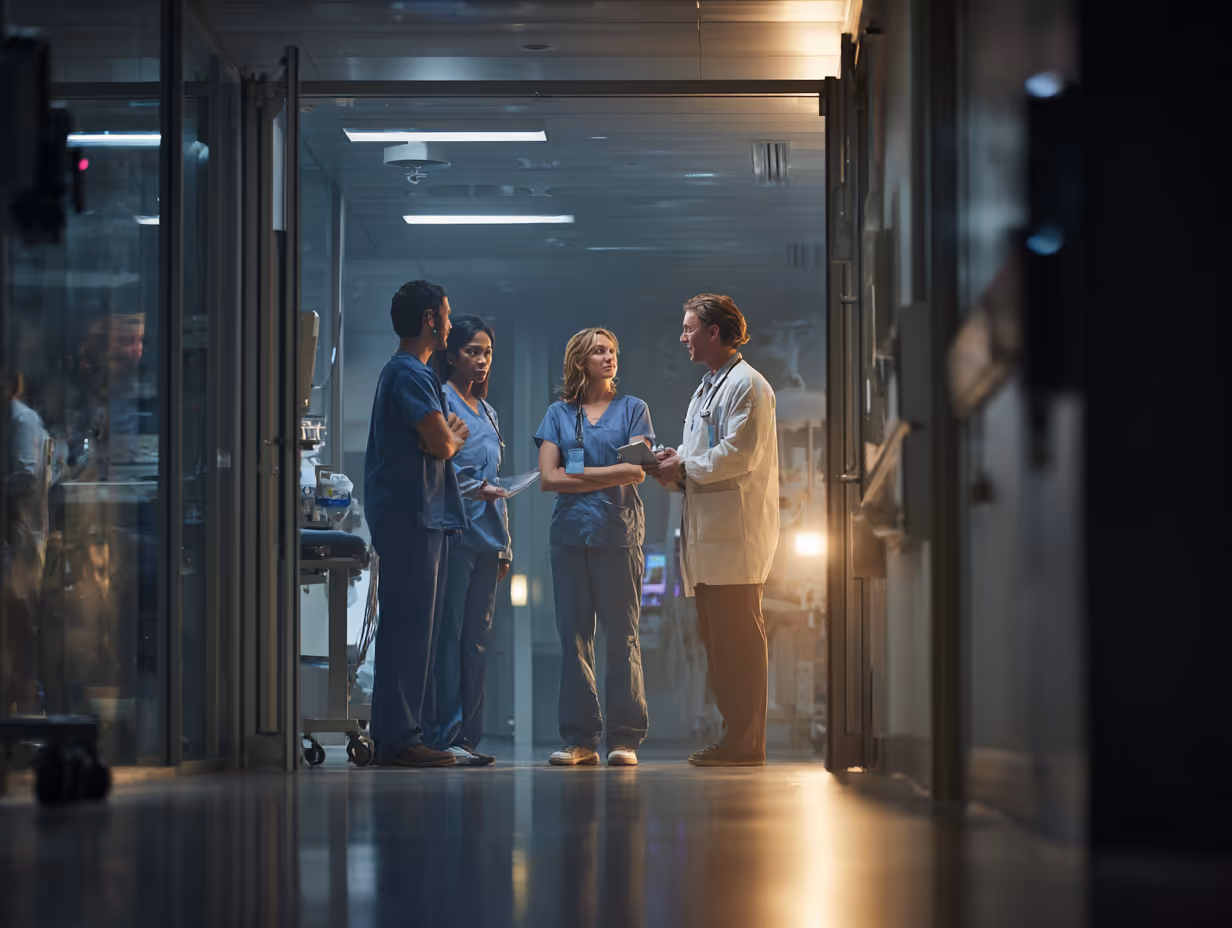 Four healthcare professionals, three in scrubs and one in a white coat, having a discussion in a hospital corridor.
