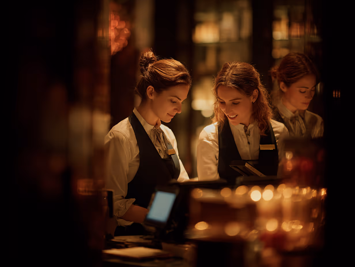 Two female waitstaff in uniform working behind a dimly lit restaurant counter, with a reflection of one woman visible.