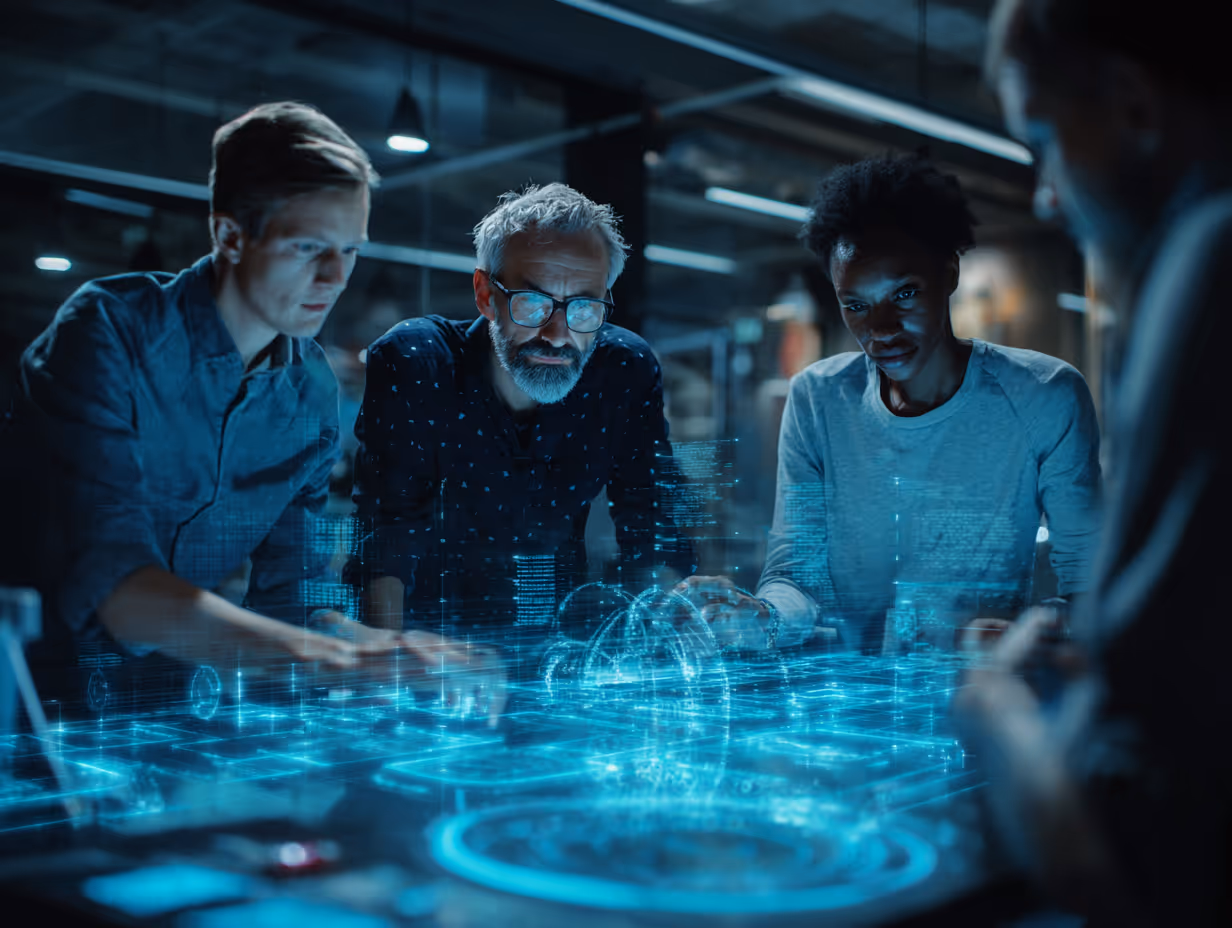 Four diverse professionals collaborating over a glowing blue digital hologram table in a dark modern office.