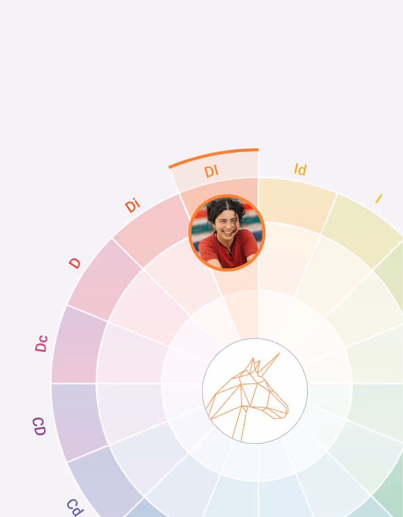 Profile photo of a smiling young woman with dark hair in two buns wearing a red shirt, highlighted in the 'DI' section of a colorful circular personality or behavior chart with an orange geometric unicorn in the center.