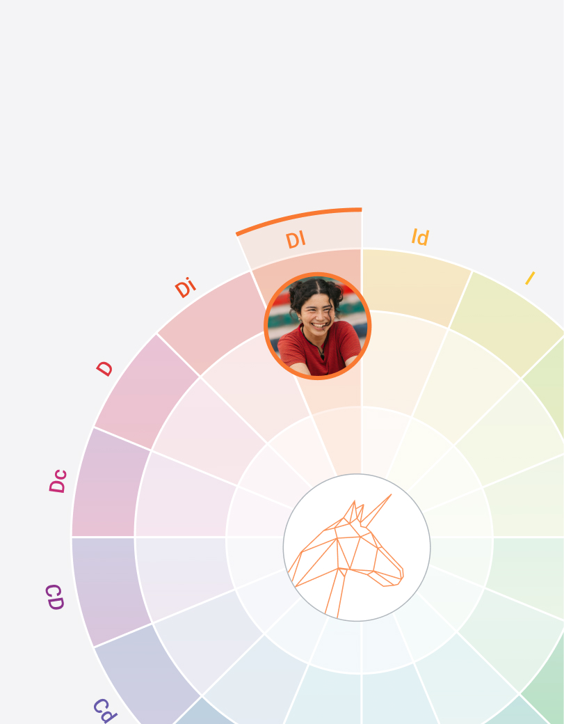 Profile photo of a smiling young woman with dark hair in two buns wearing a red shirt, highlighted in the 'DI' section of a colorful circular personality or behavior chart with an orange geometric unicorn in the center.