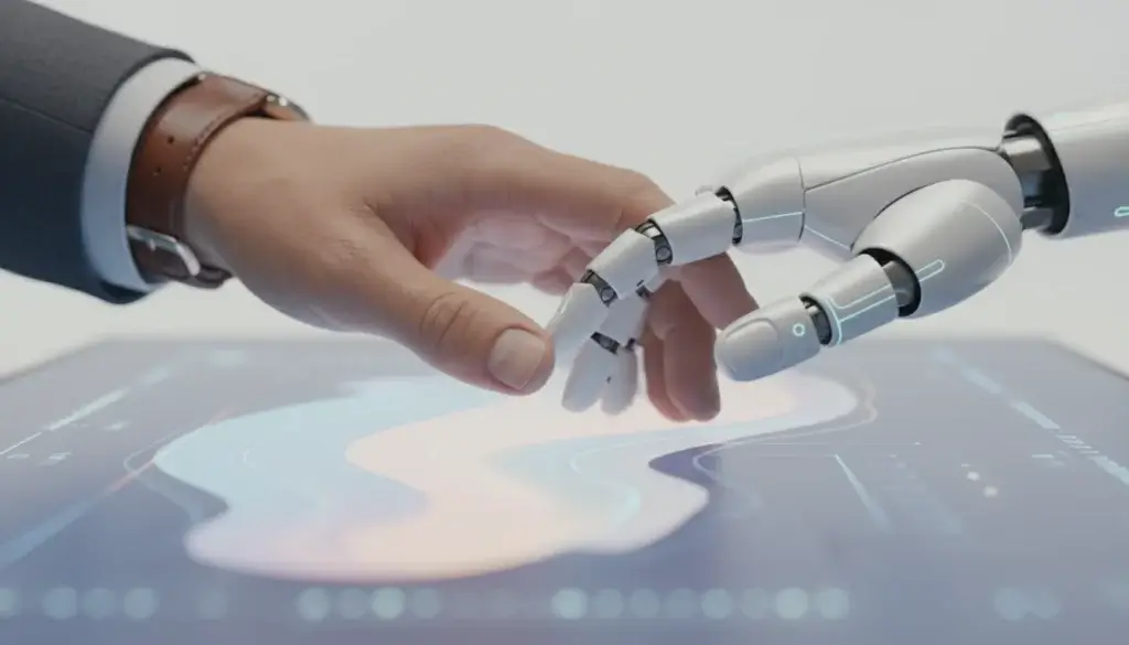 Mains humaine et robotique collaborant au-dessus d'un écran, illustrant l'équilibre entre soft skills et analyse prédictive en RH.