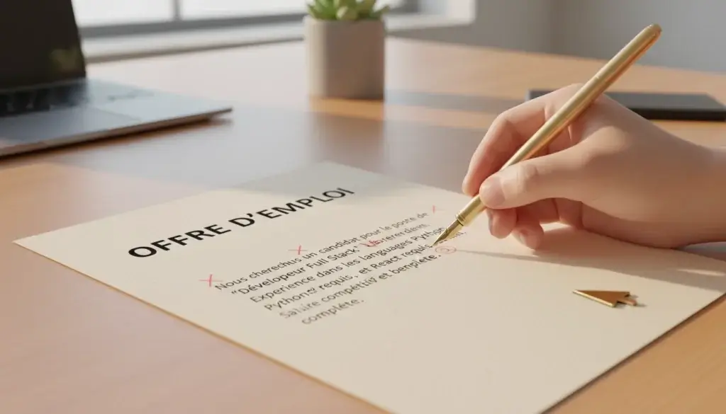 Main corrigeant une annonce d'emploi sur papier, symbolisant l'évitement des erreurs de rédaction.