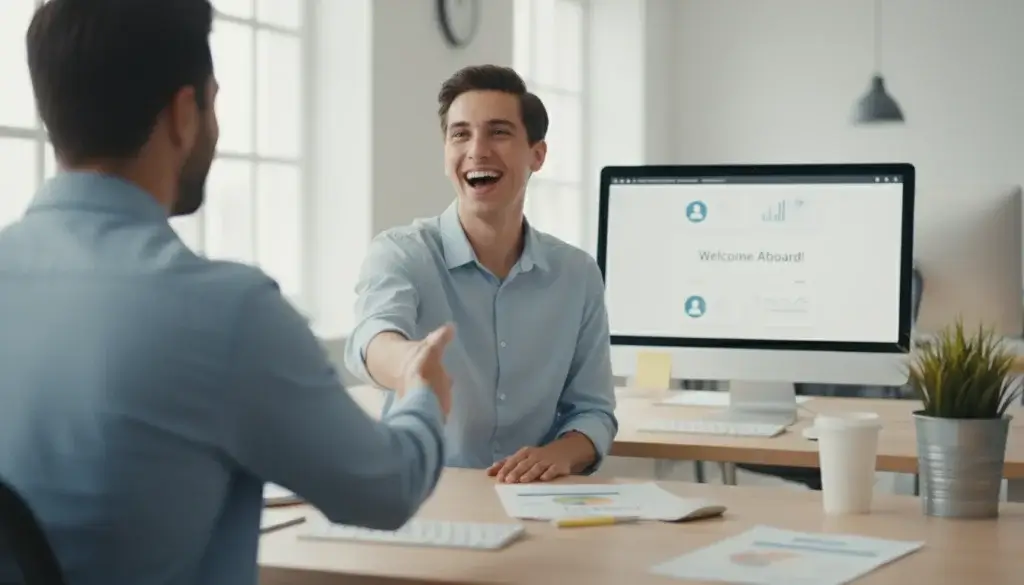Nouvel employé accueilli dans un bureau moderne, illustrant la digitalisation du processus d'intégration.
