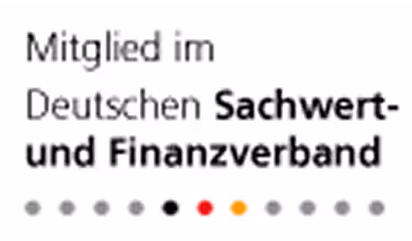 Logo des Deutschen Sachwert- und Finanzverbands mit bunten Punkten darunter.