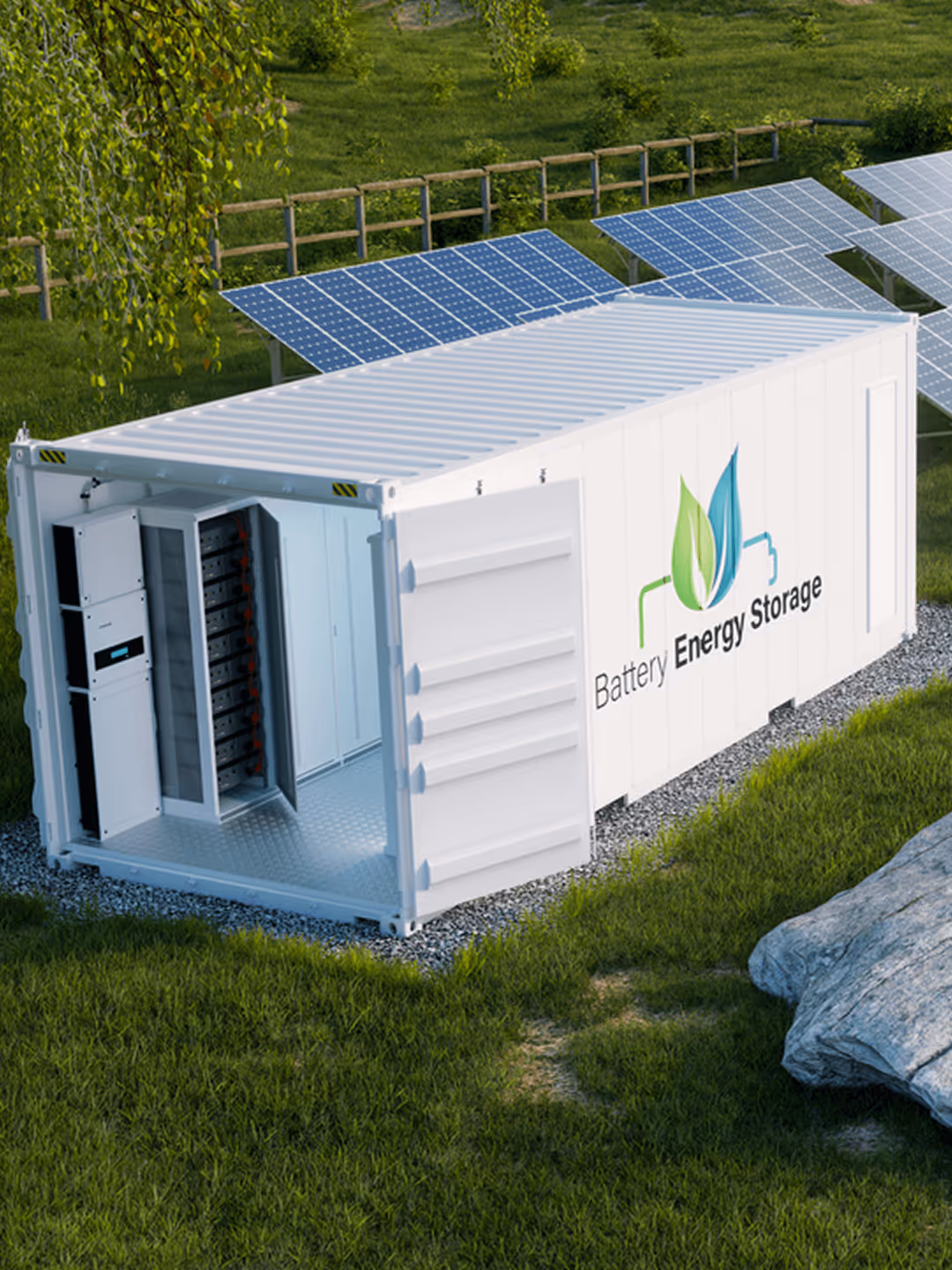 Weißer Container zur Energiespeicherung, von Solarmodulen umgeben, in grüner Landschaft.