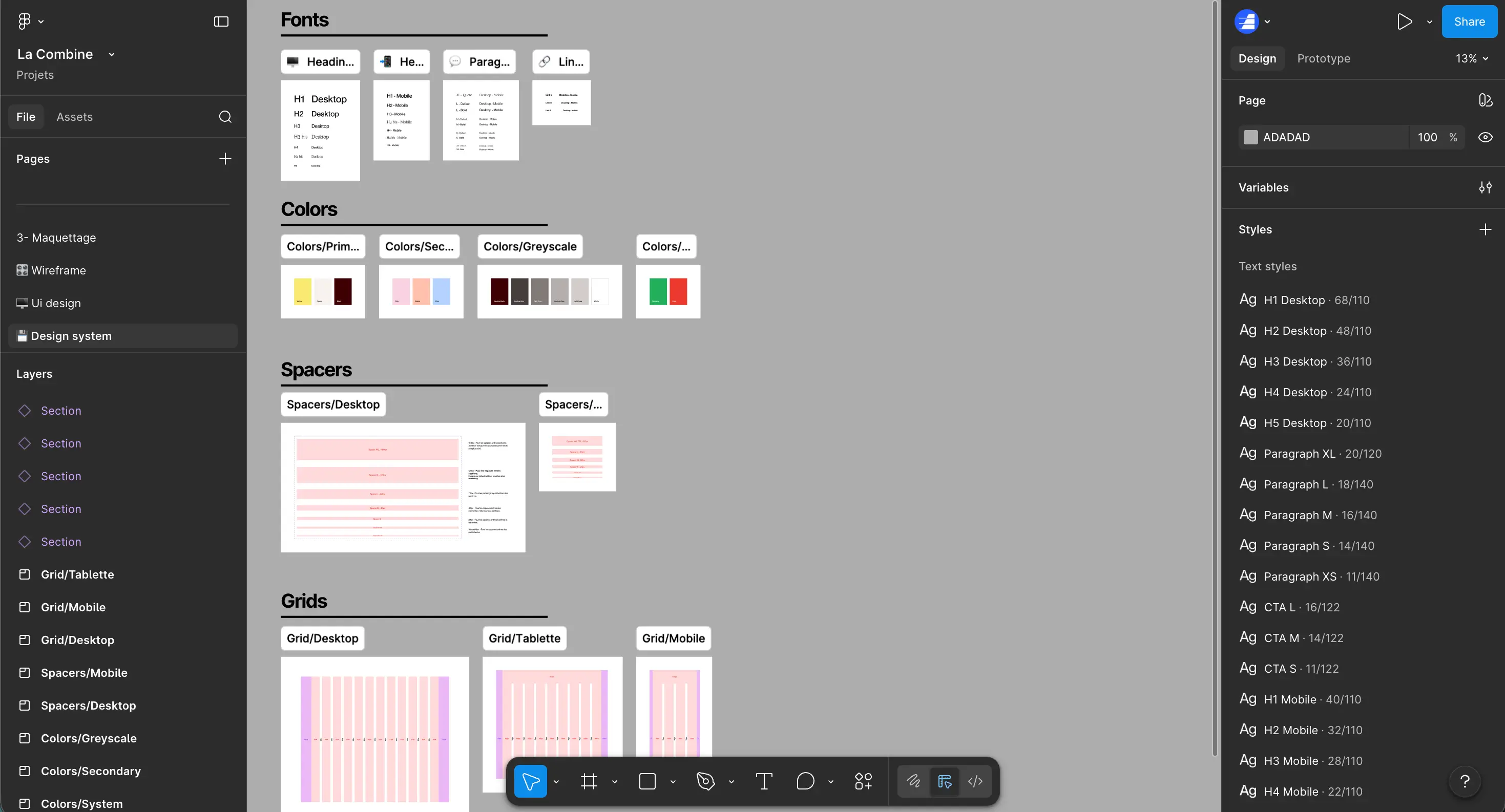 organisation d'un fichier maquette figma Synqro avec pages UI Kit wireframe et design