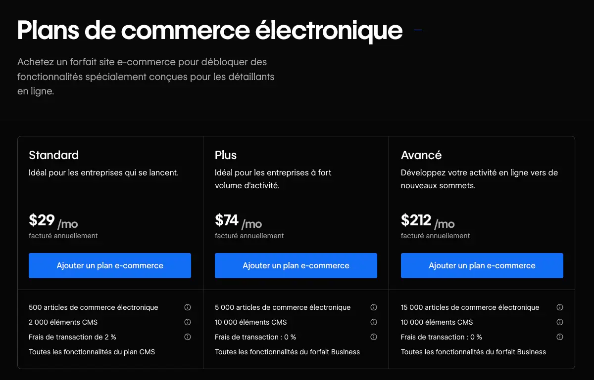 La tarification pour les plans ecommerce