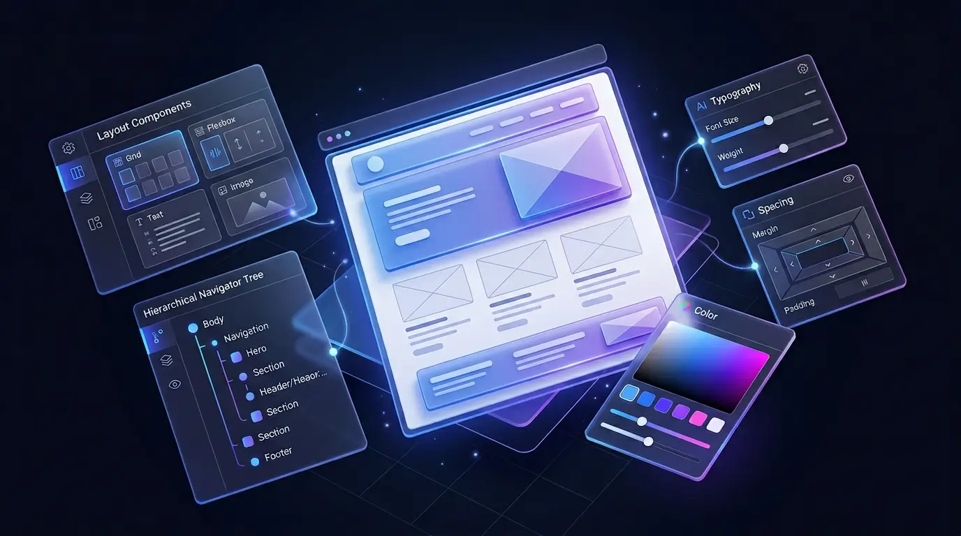 éditeur visuel webflow, components, typography, margin, spacing