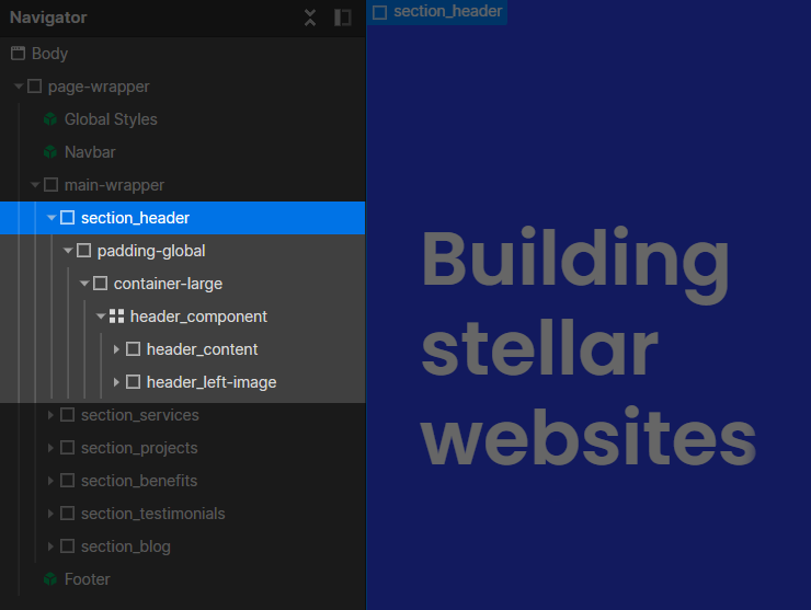 Navigator Webflow d'une page complète en Client First, avec section_header, section_services, section_projects, section_benefits, section_testimonials et section_blog