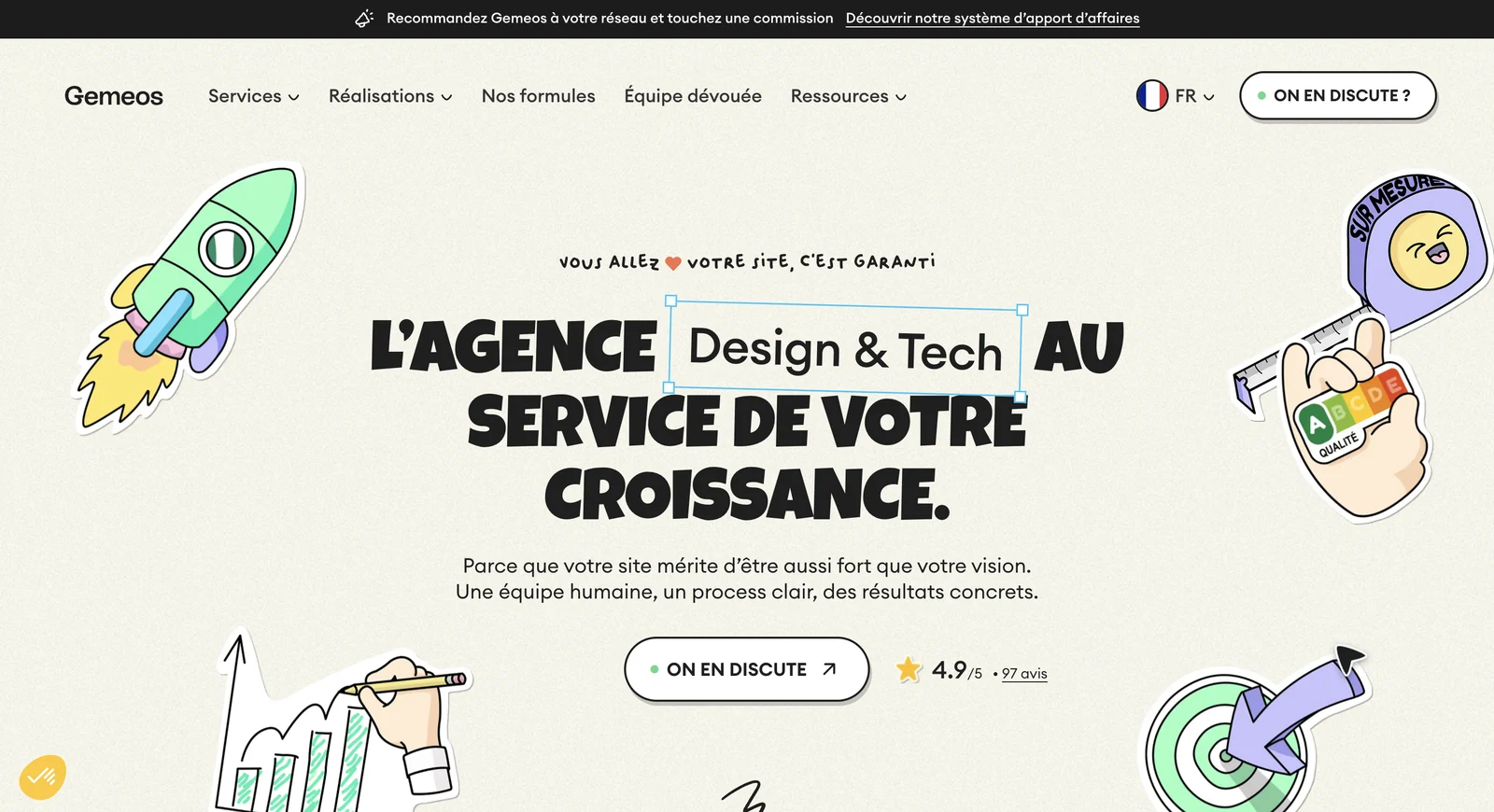 Page d'accueil de Gemeos, agence Design et Tech, avec le titre L'agence Design & Tech au service de votre croissance