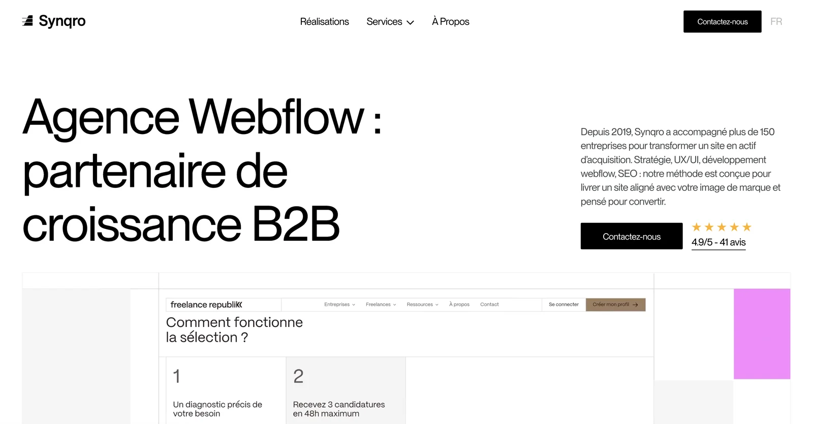 Page d'accueil de Synqro, agence Webflow, avec le titre Agence Webflow partenaire de croissance B2B et une note de 4,9 sur 5
