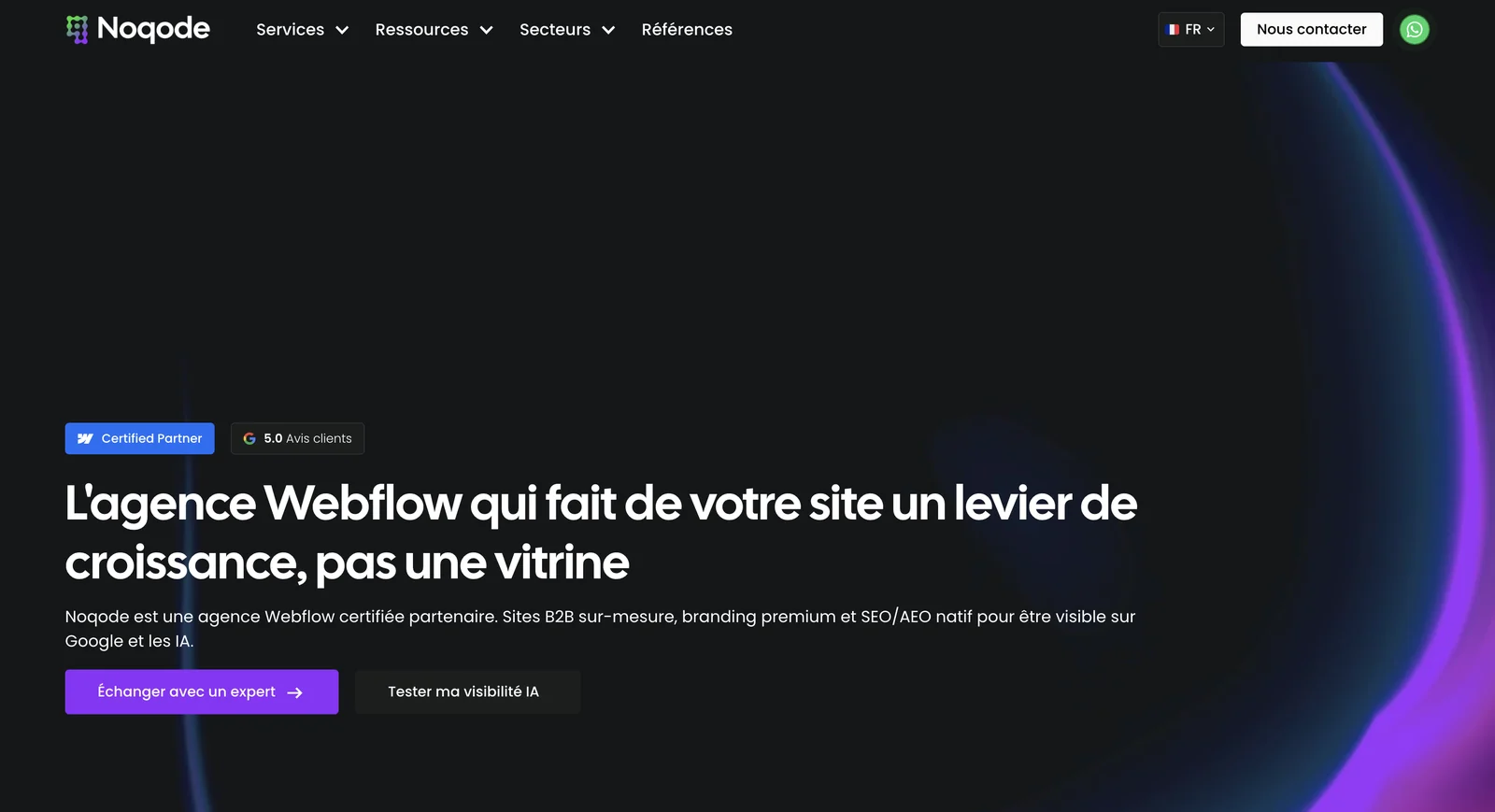 Page d'accueil de Noqode, agence Webflow, avec un badge Webflow Certified Partner et une note de 5,0 sur les avis Google