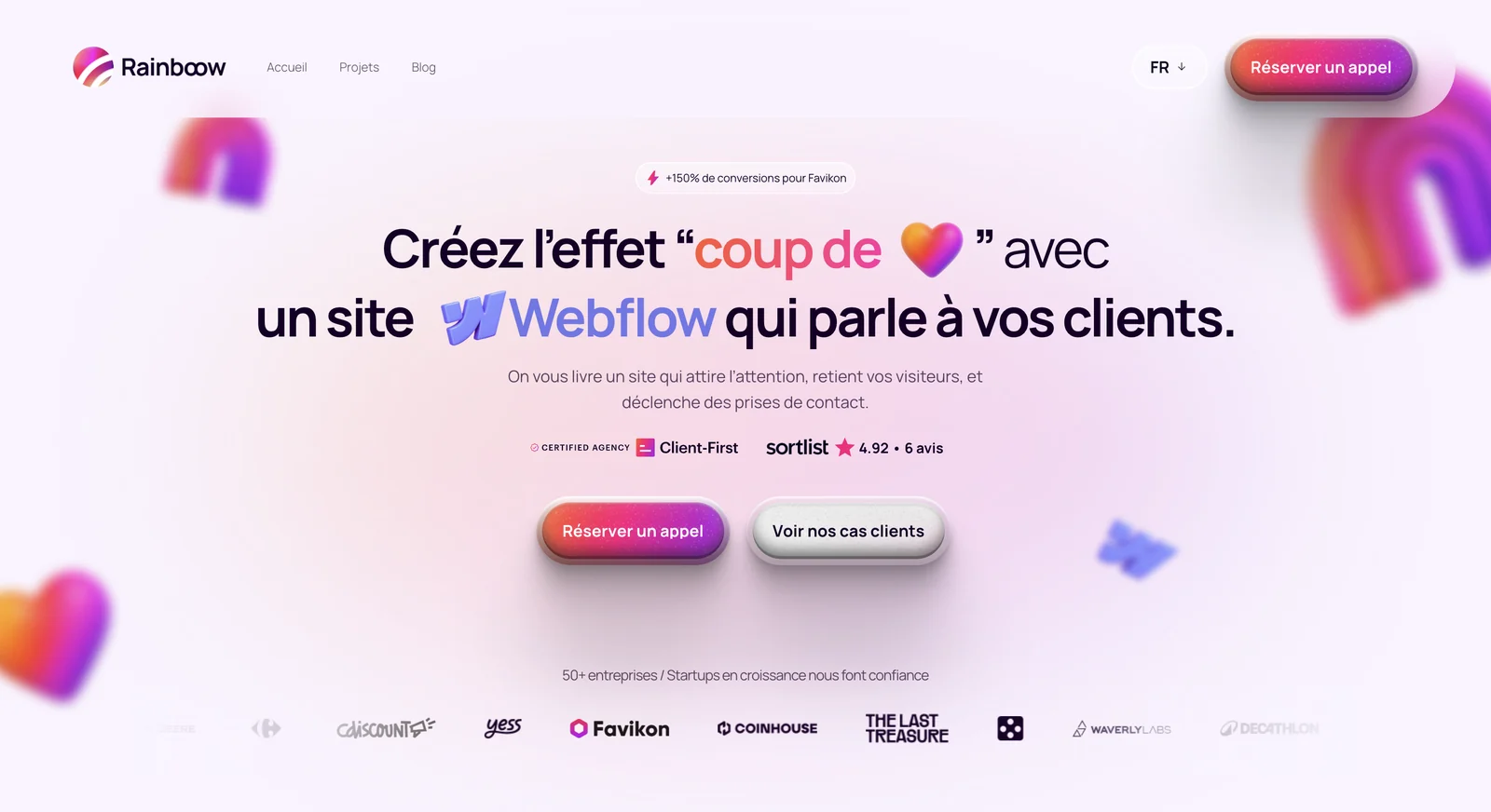 Page d'accueil de Rainboow, agence Webflow specialisee en landing pages, avec une certification Client-First et une note Sortlist de 4,92