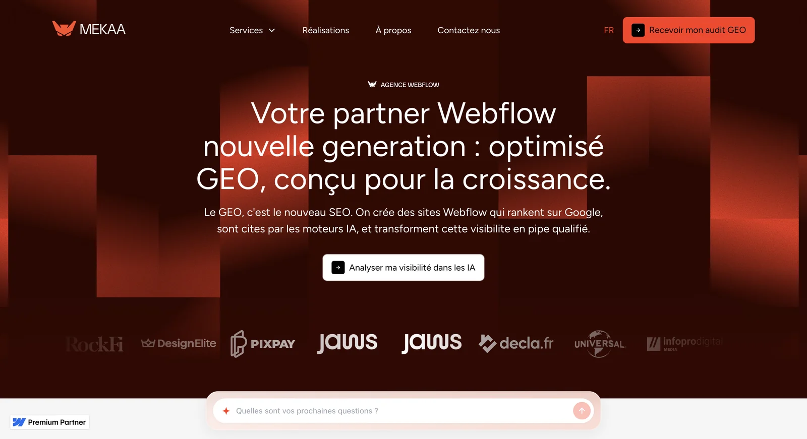 Page d'accueil de Mekaa, agence Webflow, avec une promesse centree sur le GEO et un badge Webflow Premium Partner