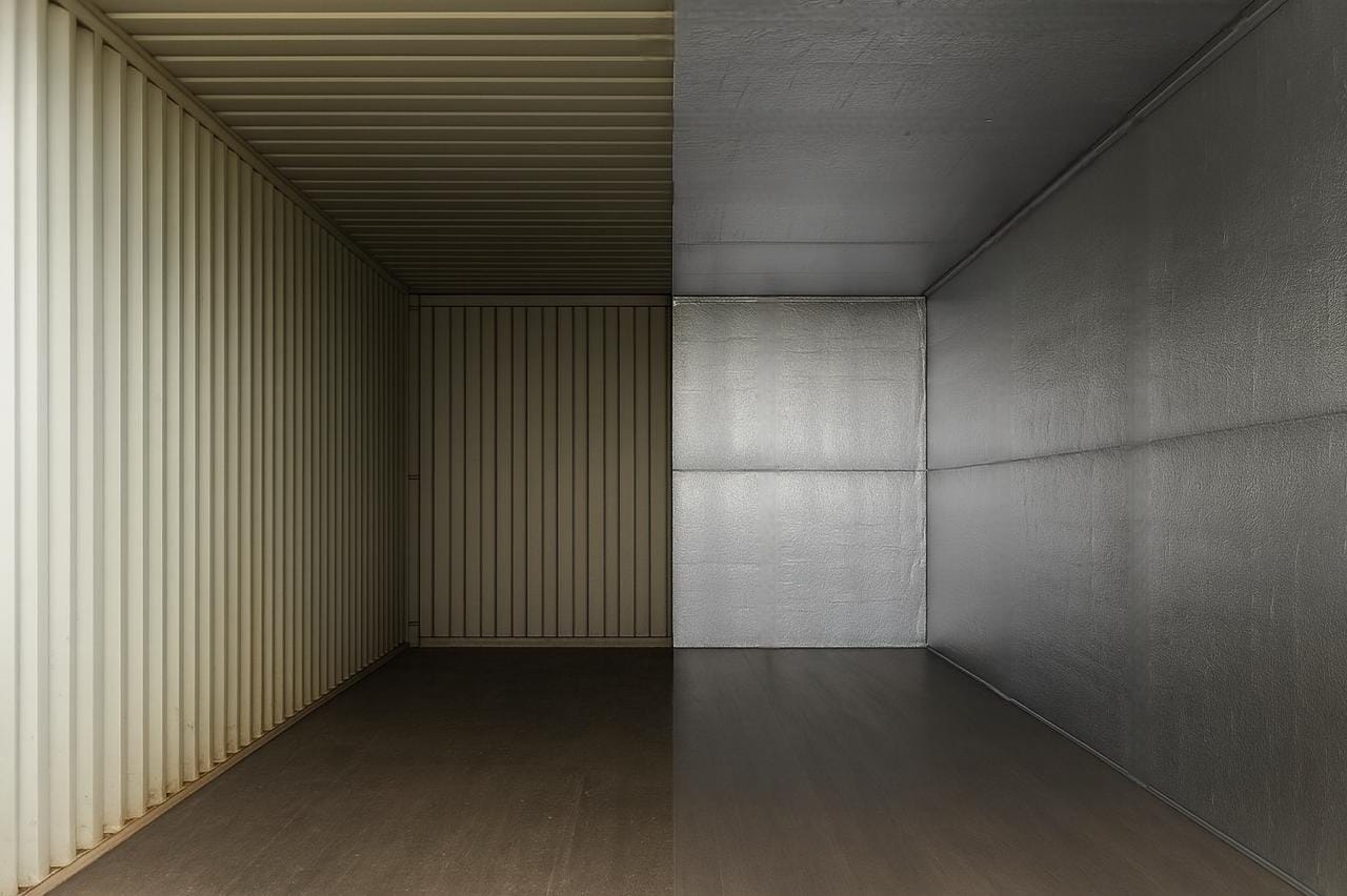 Side-by-side view of a standard shipping container interior, with the left half uninsulated and the right half fitted with reflective thermal insulation panels.