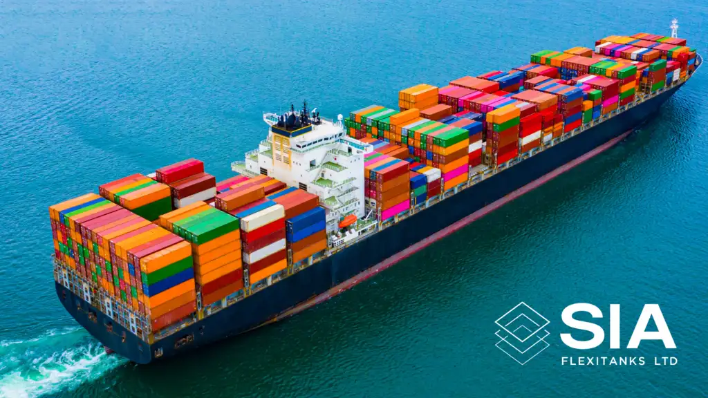 Large container ship at sea transporting colorful stacked shipping containers, with the SIA Flexitanks Ltd logo displayed in the corner.