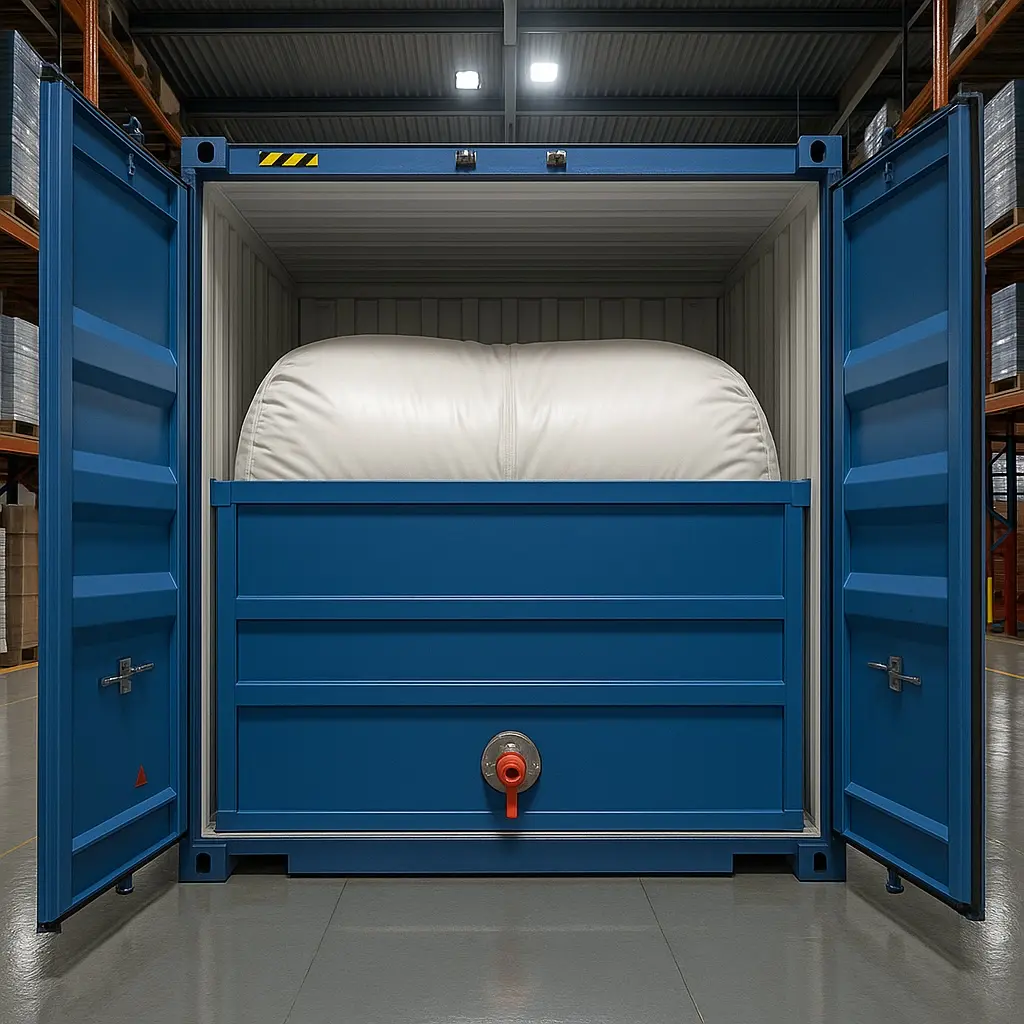 Front view of an open blue shipping container inside a warehouse, showing a flexitank filled with liquid cargo secured behind a bulkhead with a red outlet valve.