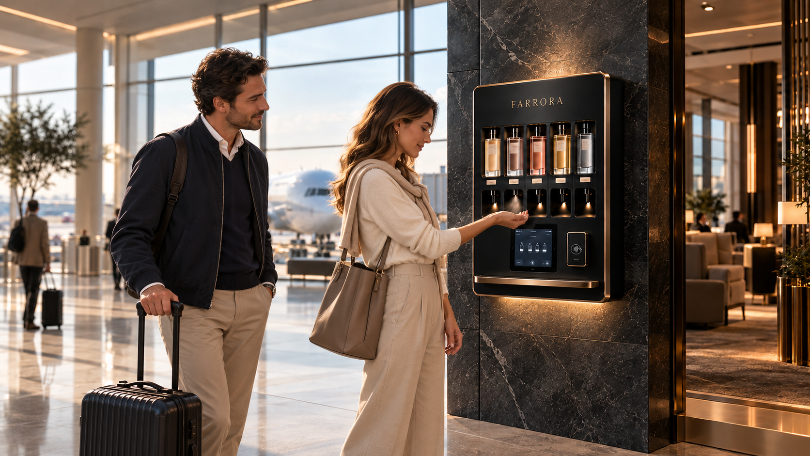FARRORA branded luxury fragrance vending machine installed at an airport lounge, with a traveler selecting a fragrance on the touchscreen