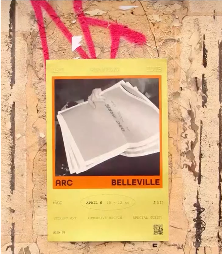 Yellow poster with a black and white photo of hands holding papers, titled ARC BELLEVILLE, displaying event details including date April 6 and features like street art and immersive brunch.