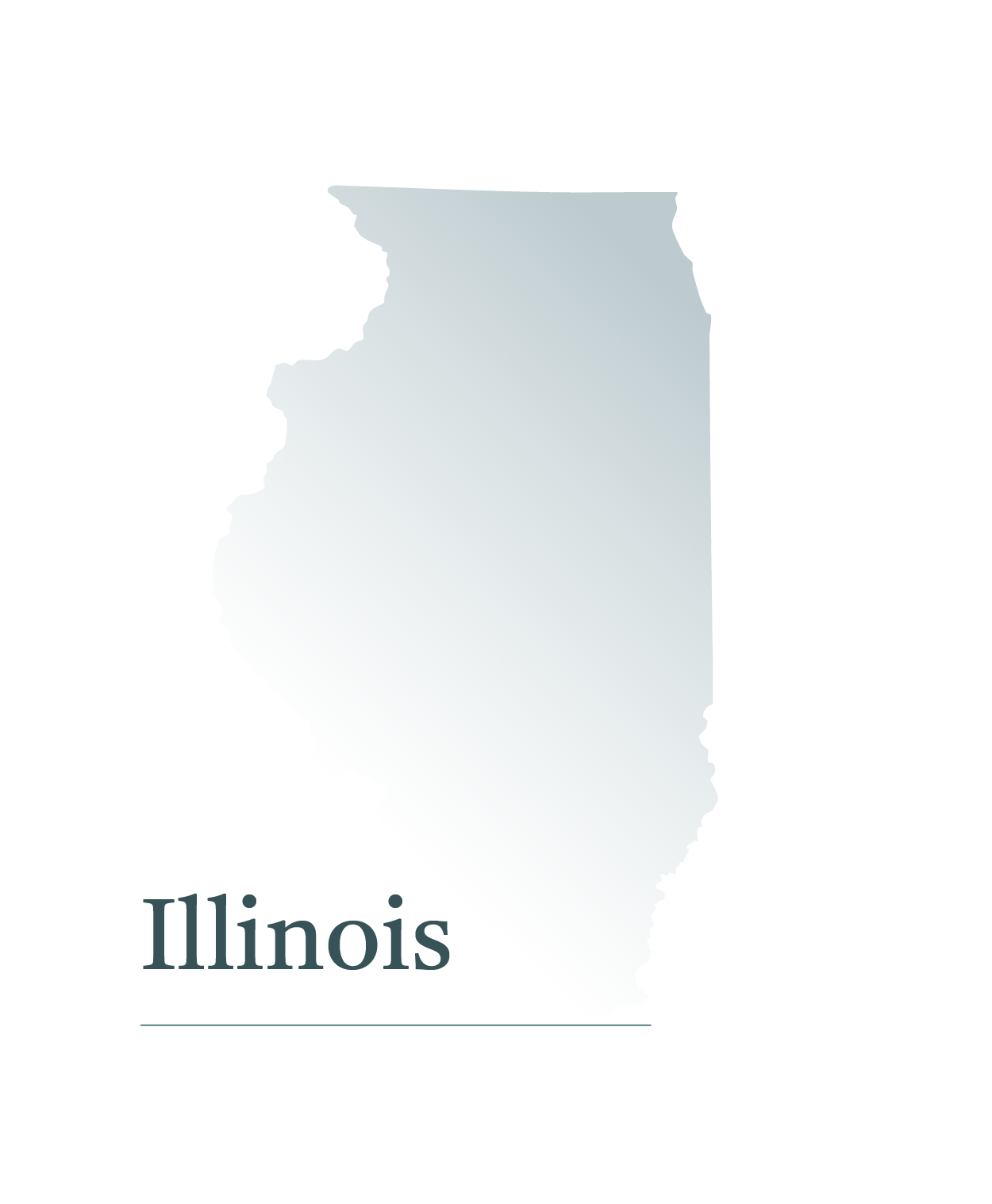 Gray outline map of the state of Illinois with the word 'Illinois' written below.